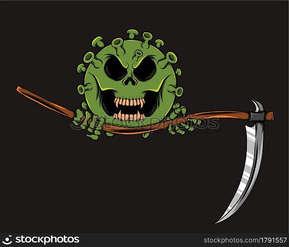 The green virus is holding the scythe with the scary face of illustration
