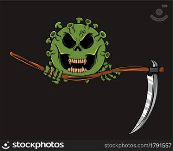 The green virus is holding the scythe with the scary face of illustration