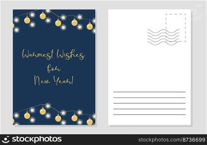 the greeting card layout is decorated with snowflakes and golden Christmas balls. the layout of the postcard winter picture