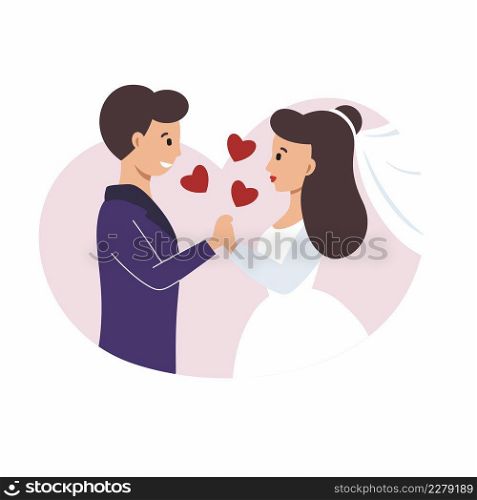 The groom holds the bride’s hand. Vector illustration for a wedding.