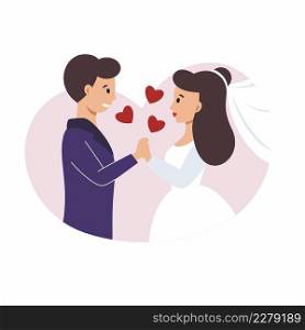 The groom holds the bride’s hand. Vector illustration for a wedding.