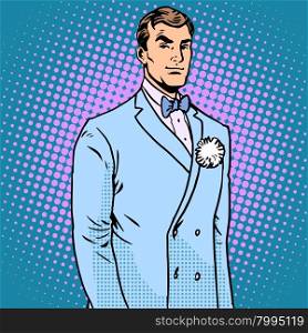 The groom in a wedding suit pop art retro style. The flower in the buttonhole. Handsome man. The groom in a wedding suit