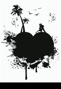 the groungy style of black love heart island on white background