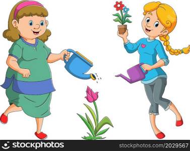 The group of woman are watering the flower