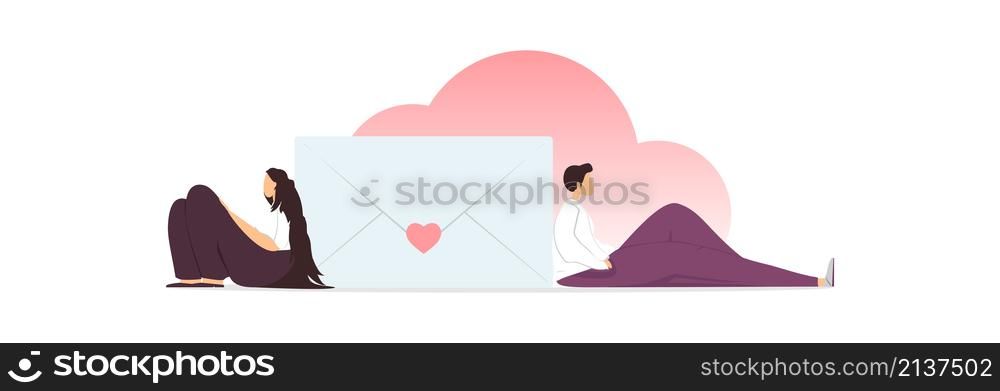 The guy and the girl are sitting on the floor near the envelope and the clouds. Illustration of a misunderstanding between lovers.