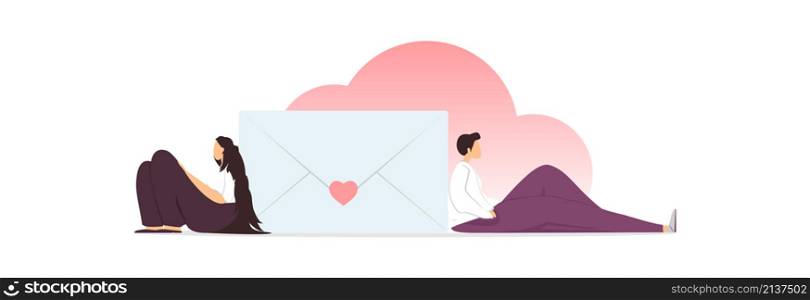 The guy and the girl are sitting on the floor near the envelope and the clouds. Illustration of a misunderstanding between lovers.
