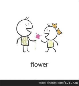 The guy gives a girl a flower