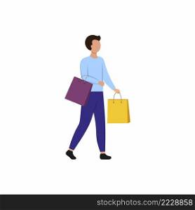 The guy goes with bags from the supermarket. The man with the purchases magazine. Vector flat male character.