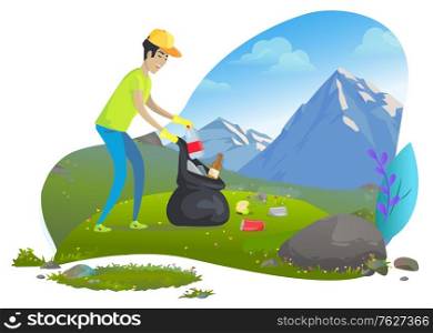 The guy in rubber gloves with black bag collects trash in mountains. Volunteer cleans garbage.. Plastic and glass bottles, cans. Save nature concept vector. Mountain tourism. Flat cartoon. Man Collecting Trash in Mountains Vector Image