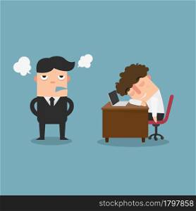 The guy is sleeping behind his desk while angry director is standing,illustration,vector