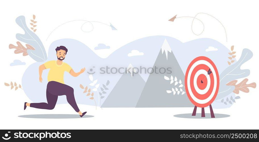 The guy runs to his goal, moves on motivation to the goal, on the way to the top of success. There is a girl standing there. Vector for task, goal, achievement, business, marketing concept, motivation