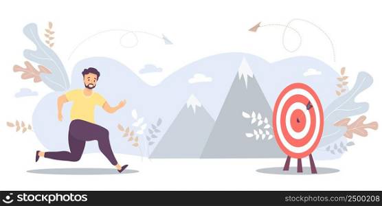 The guy runs to his goal, moves on motivation to the goal, on the way to the top of success. There is a girl standing there. Vector for task, goal, achievement, business, marketing concept, motivation