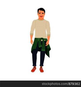 The guy with the sweater tied at the waist isolated vector illustration on white background. Guy with sweater at the waist