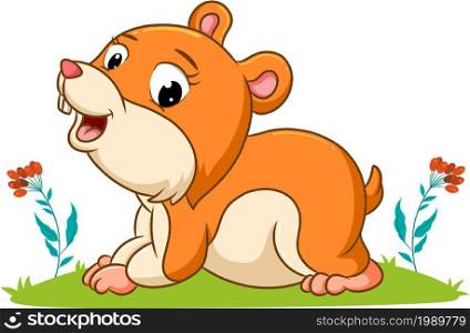 The hamster is playing in the garden with the happy face of illustration