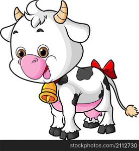 The hand drawn of the cute cow with the ribbon on the tail
