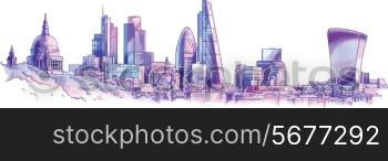 The hand-drown city skyline in a pastel shades. There are st.Paul&rsquo;s cathedral, an old heritage buildings, and the futuristic London &#xA;city skyscrapers on a background.&#xA;Editable vector EPS v10.0