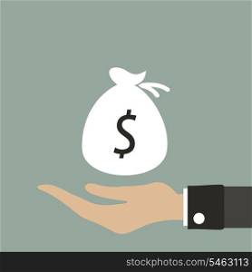 The hand holds a bag of dollars. A vector illustration