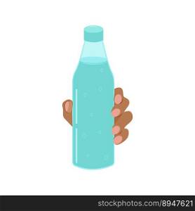 The hand holds a bottle of drinking water. Vector flat illustration on a white background. Design of advertising, banner, poster.. The hand holds a bottle of drinking water.