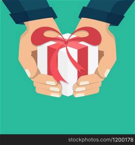 The hand that holds the box, gift. Flat style.The concept of delivery, victory, holiday, birthday, engagement, wedding. Vector. Vector illustration. The hand that holds the box, gift.