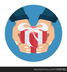 The hand that holds the box, gift. Flat style.The concept of delivery, victory, holiday, birthday, engagement, wedding. Vector. Vector illustration. The hand that holds the box, gift.