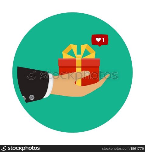 The hand that holds the box, gift. Flat style. The concept of delivery, victory, holiday, birthday, engagement, wedding. Vector. Vector. The hand that holds the box, gift. Flat style. The concept of delivery, victory, holiday, birthday, engagement, wedding.