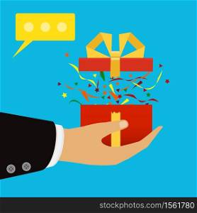 The hand that holds the box, gift. Flat style. The concept of delivery, victory, holiday, birthday, engagement, wedding. Vector. Vector. The hand that holds the box, gift. Flat style. The concept of delivery, victory, holiday, birthday, engagement, wedding.