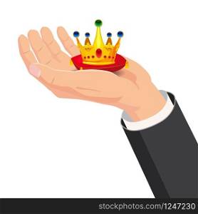 The hand that holds the crown, gift. Cartoon style. The concept of delivery, victory, Christmas holiday, birthday, engagement, wedding. The hand that holds the crown, gift. Cartoon style. The concept of delivery, victory, Christmas holiday, birthday, engagement, wedding. Vector, illustration, isolated