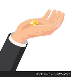 The hand that holds the gold coin, gift. Cartoon style. The hand that holds the gold coin, gift. Cartoon style. The concept of delivery, victory, Christmas holiday, birthday, engagement, wedding. Vector, illustration, isolated