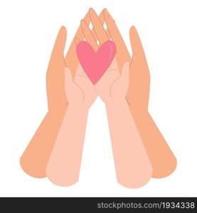 The hands of mom and daughter are holding a heart in their palms. The concept of a happy childhood, parenting, family, love, care and support. Vector illustration in flat style