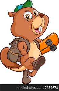 The happy beaver is walking and holding the skateboard