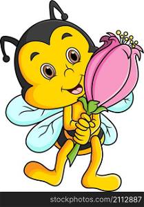 The happy bee is holding a flower and smiling