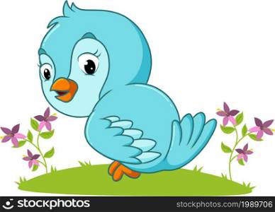 The happy bird is perching on the grass of illustration