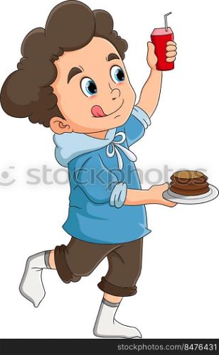 The happy boy is holding the delicious pancake and drinking   