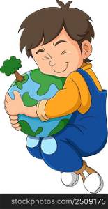 The happy boy is hugging and loving the earth 