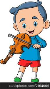 The happy boy is playing and rubbing violin with the stick
