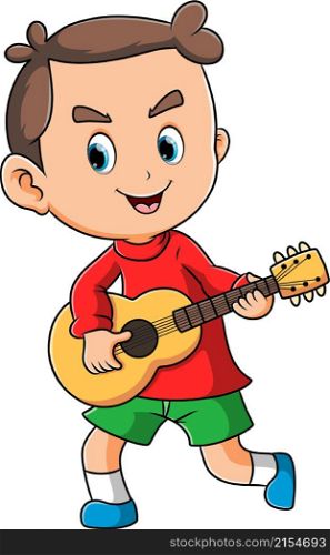 The happy boy is playing the guitar and sing the song