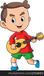 The happy boy is playing the guitar and sing the song