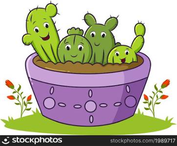 The happy cactus are planted on the bowl of illustration