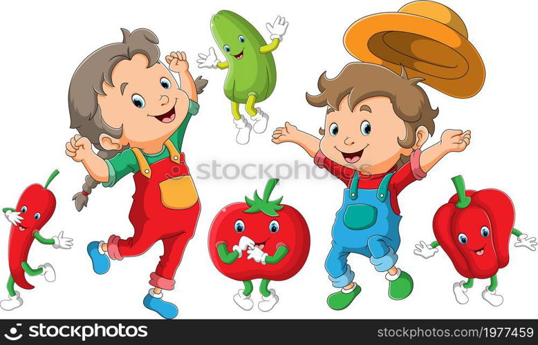The happy children are dancing with the vegetables
