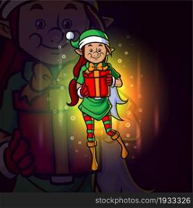 The happy elf girl holding a gift esport logo design