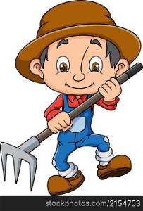 The happy farmer is holding the rake and wearing the hat