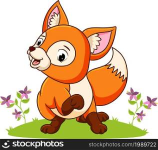 The happy fox is playing in the garden full of flowers of illustration
