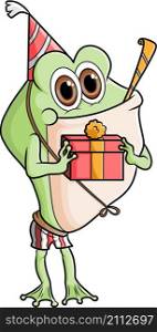 The happy frog is celebrating the birthday and holding the gift