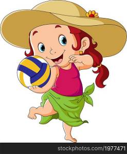 The happy girl is playing the volleyball in the beach