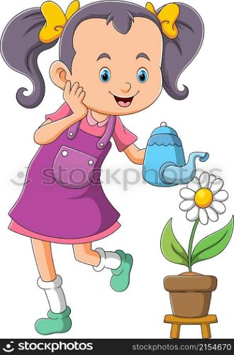 The happy girl is watering the flower in the morning