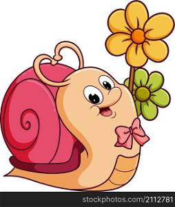 The happy girly snail is posing near the colorful flower