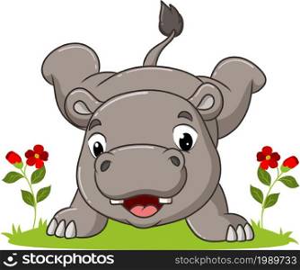 The happy hippopotamus is doing the handstand in the garden of illustration