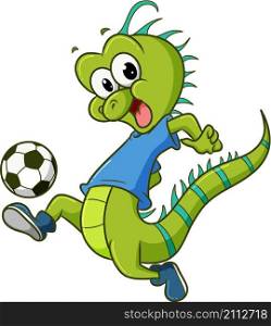 The happy iguana is playing the football