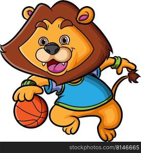 The happy lion is playing the basketball and dribble the ball 