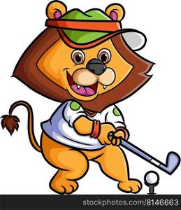 The happy lion is playing the golf in the field 